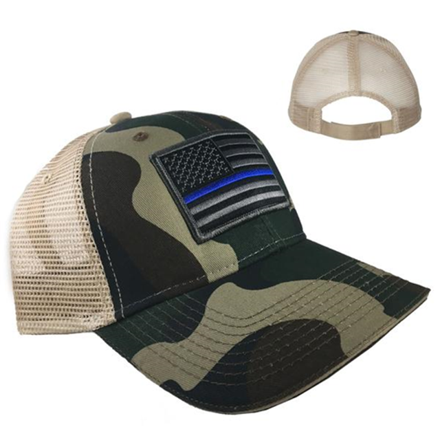 Thin Blue Line HAT-TBLBLACK-SUBDUE-CAMO Camo Trucker Hat - Subdued Thin Blue Line American Flag Thin Blue Line HAT-TBLBLACK-SUBDUE-CAMO Camo Trucker Hat - Subdued Thin Blue Line American Flag
