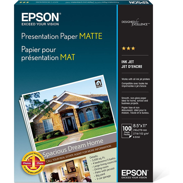 With an ultrasmooth, coated matte surface, Epson presentation paper makes prints at any resolution look better. Use this matte paper to create professional-quality newsletters, flyers and more that are sure to impress your colleagues and clients.  Perfect for newsletters, proposals and flyers with photos.  90 brightness produces colorful graphic images and razor-sharp black text.  Acid-free paper wonT yellow or fade over time.  Extra-heavy 27-lb paper permits dramatic color intensity.  Designed for use in most inkjet printers.  Presentation paper comes in a pack of 100 sheets.