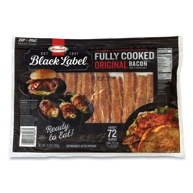 HORMEL FOODS, LLC Black Label® 90200109 Fully Cooked Bacon, Original, 9.5 oz Package, Approximately 72 Slices/Carton