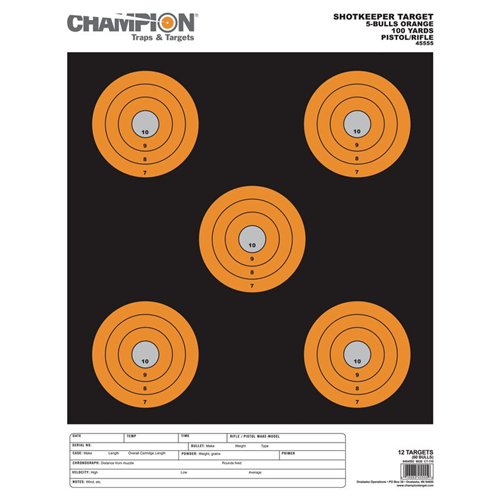 Champion Targets 45555 Champion Targets 45555 Shot Keeper 5 Bullseye 100 Yard Pistol/Rifle Targets, Orange, Large, 12 Pack