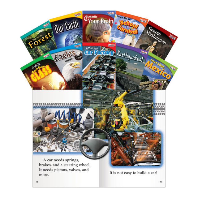 Build your classrooms library and add supplemental reading material to your curriculum with this book set. Kids will love the high-interest subject materials, which include concepts and themes ranging from math and science to social studies.  Each set includes a wide range of topics that provide kids with interesting material while building their reading skills.  Colorful images grab attention and help draw students in.  Designed to meet Common Core standards.  Designed for students in second grade.  Set of 10 books provides your classroom library with an instant boost. Titles include A Visit to a Car Factory, Next Stop: Mexico, Earthquakes!, Eagles Up Close, Craft It: Hand-Blown Glass, Step into the Forest, Our Earth, Look Inside: Your Brain, Count Me In! School Carnival and George Washington.