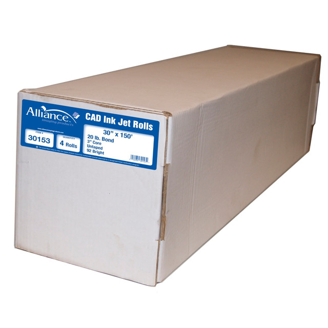 TST/IMPRESO INC 30153 Alliance CAD Bond Paper, 3in Core, 30in x 150ft, 92 Brightness, 20 Lb, White, Pack Of 4 Rolls TST/IMPRESO INC 30153 Alliance CAD Bond Paper, 3in Core, 30in x 150ft, 92 Brightness, 20 Lb, White, Pack Of 4 Rolls