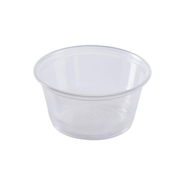 Serve guests dressings, dips and sauces with Karat Plastic Portion Cups. The durable plastic design withstands everyday use.  Polypropylene construction.  3.25 oz capacity.