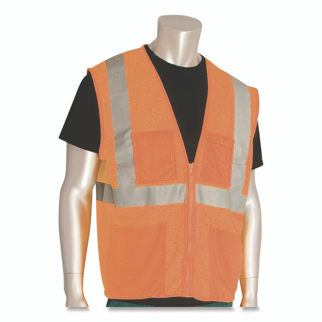 PROTECTIVE INDUSTRIAL PRODUCTS INC PIP 302MVGZ4PORL ANSI Class 2 Four Pocket Zipper Safety Vest, Polyester Mesh, Large, Hi-Viz Orange