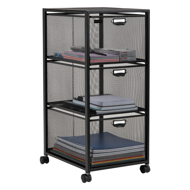 This sleek and modern rolling cabinet is a versatile storage solution that offers convenience and style to any home or office. Its minimalist design blends in seamlessly with any decor, while its compact size and rolling wheels make it easy to move around and store in tight spaces. With three spacious drawers, this file cabinet offers storage space for all your office supplies, documents, craft materials, or personal items. The drawers are made from sturdy mesh material.  Minimalist design: The mix of mesh and solid metal framing makes this rolling cabinet both attractive and sophisticated in your home or office  Saves space: The slim design includes three removable drawers to organize your small desk items, books, and supplies  Easy to move: With four caster wheels, you can move this organizer to your desk, closet, or another room with ease  Durable and easy to clean: This rolling file cabinet is made with durable materials and is easily cleaned with mild soap and a soft cloth  Dimensions: This rolling file cabinet measures 14 long x 11 wide x 25 inches tall (35.56 x 27.94 x 63.5 centimeters) and weighs 8.73 lbs (3.96 kgs), this portable storage cart is the perfect size for maximizing space without sacrificing functionality