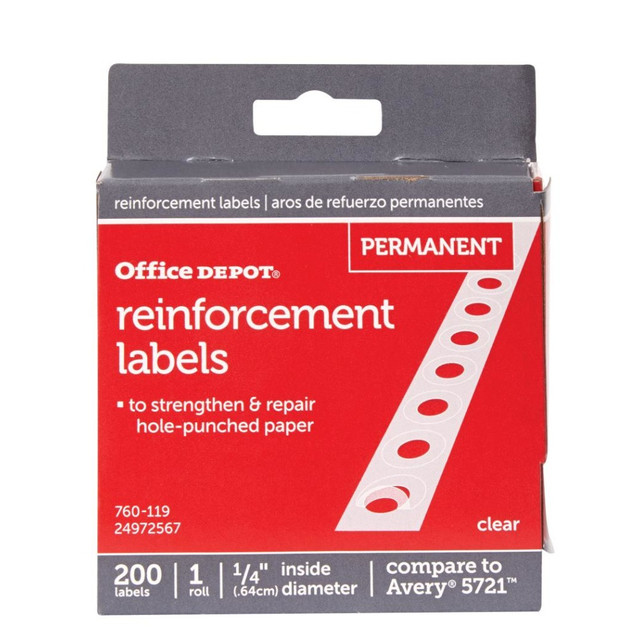 OFFICE DEPOT OD98779 Brand Permanent Self-Adhesive Reinforcement Labels, 1/4in Diameter, Clear, Pack Of 200 OFFICE DEPOT OD98779 Brand Permanent Self-Adhesive Reinforcement Labels, 1/4in Diameter, Clear, Pack Of 200