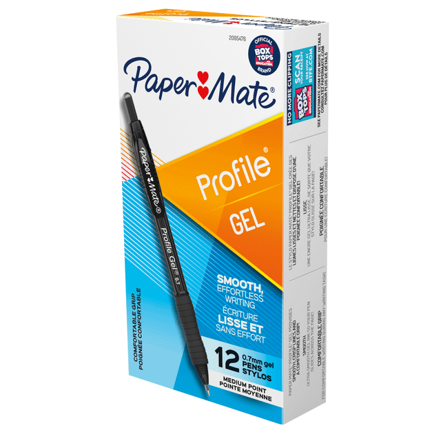 For ultra-smooth, colorful writing, turn to Paper Mate Profile Gel pens. These retractable pens feature vibrant ink that stands out on the page. A soft grip lets you write comfortably, no matter the writing task. Each gel pen has a 0.7mm tip that lays down beautiful yet fluid lines.  Gel pens that provide smooth, crisp, effortless lines  Ultra-smooth gel ink so your pen glides on the page  Soft comfort grip provides an easy writing experience  0.7mm medium point  0.7mm point  Includes: 12 black pens  ACMI Certified AP Nontoxic. For detailed information see www.acmiart.org.  Less harsh chemicals - made with fewer harsh chemicals, or safer chemicals than typical alternatives, helping  reduce your use of and exposure to substances that may be more harmful to your health and the environment.