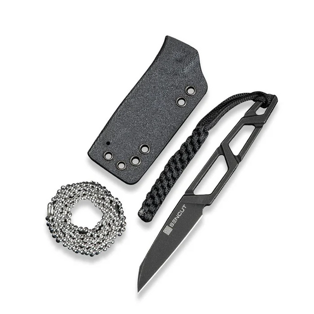 SENCUT S23095-1 TEXO Fixed Blade Neck Knife 1.97"" Black 9Cr18MoV Reverse Tanto Plain Edge Blade, Skeletonized Handle & Kydex Sheath