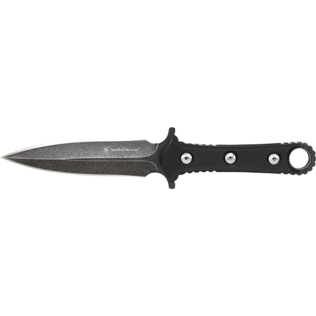Smith & Wesson SWF606 Fixed Blade, Stone Washed 8Cr13MoV Spear Point Blade, Black G10 Handle, Leather Sheath. No Ship CA, NY, MA.