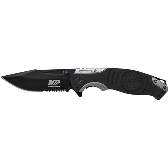 Smith & Wesson SWMP13GS Liner Lock, 8Cr13MoV Drop Point Blade, Thumb Knobs, Index Flipper, Black/Grey Handle Smith & Wesson SWMP13GS Liner Lock, 8Cr13MoV Drop Point Blade, Thumb Knobs, Index Flipper, Black/Grey Handle