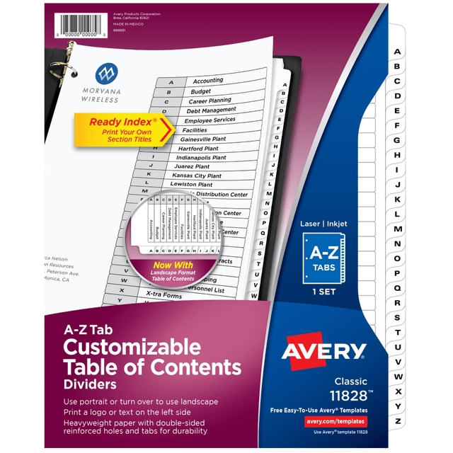 AVERY PRODUCTS CORPORATION Avery 11828  A-Z Tab Dividers, 8-1/2in x 11in, Black/White, Pack Of 26 Dividers