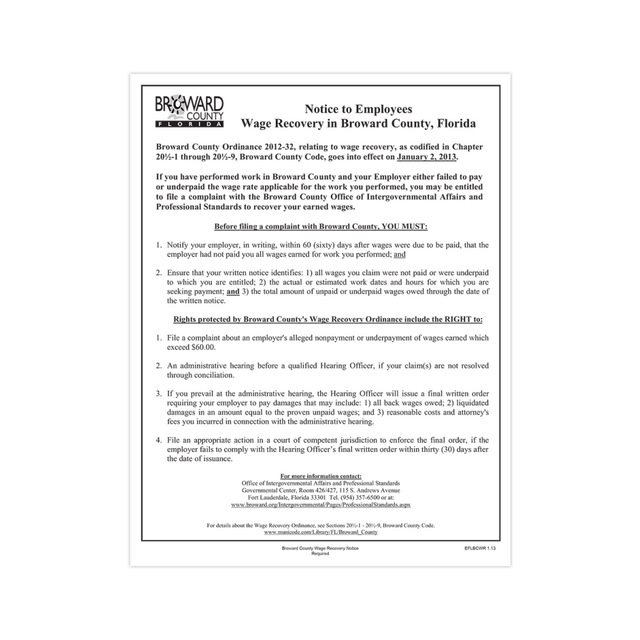 TAX FORMS PRINTING, INC. EFLBCWR ComplyRight City & County Specialty Posters, Broward County, Wage Recovery, English, 8 1/2in x 11in