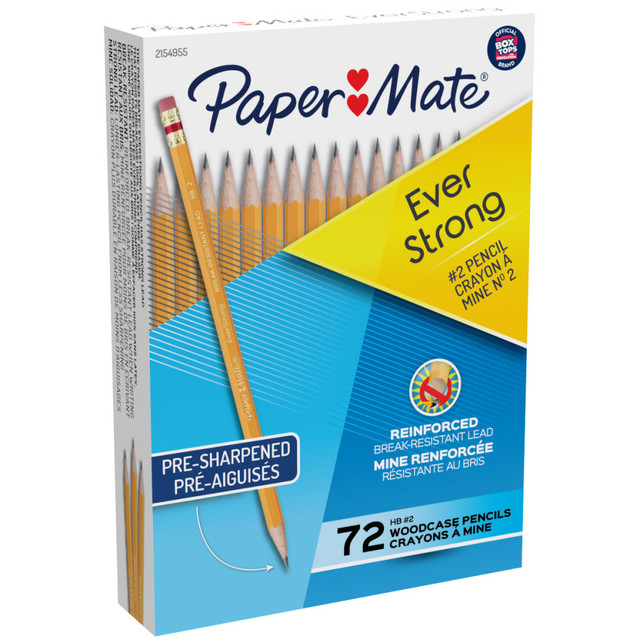 Have a habit of snapping the lead off of pencils? Paper Mate has a solution for that. Even with heavy handwriting pressure and the stress of over-sharpening, these Paper Mate Everstrong pencils resist lead breakage due to their reinforced core - and they still erase cleanly.  Reinforced graphite core withstands heavy handwriting pressure and helps prevent over-sharpening.  Equipped with a 100% latex-free eraser. Erases cleanly for stress-free writing.  Includes 72 pre-sharpened pencils total.  Reinforced graphite core withstands heavy handwriting pressure and helps prevent over-sharpening.