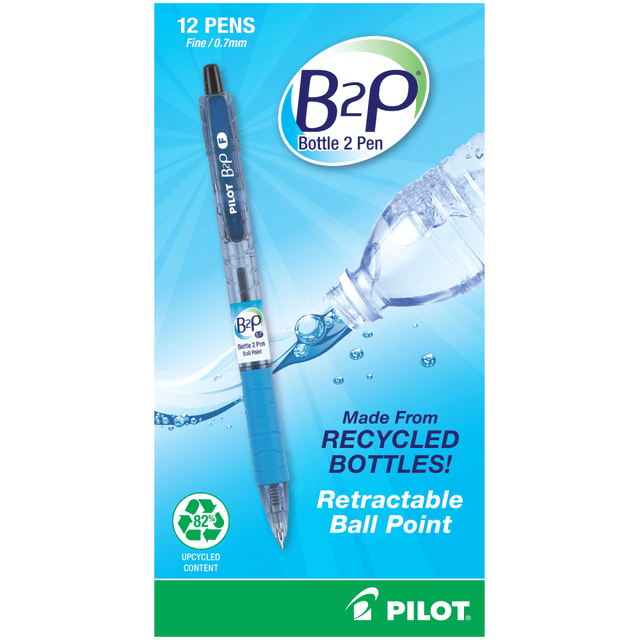 PILOT CORPORATION OF AMERICA 34600 Pilot B2P "Bottle To Pen" Retractable Ballpoint Pens, Fine Point, 0.7 mm, 82% Recycled, Translucent Blue Barrels, Black Ink, Pack Of 12