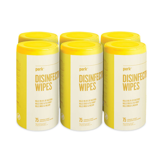 PERK 56665CT Disinfecting Wipes, 7 x 8, Lemon, White, 75 Wipes/Canister, 6 Canisters/Carton