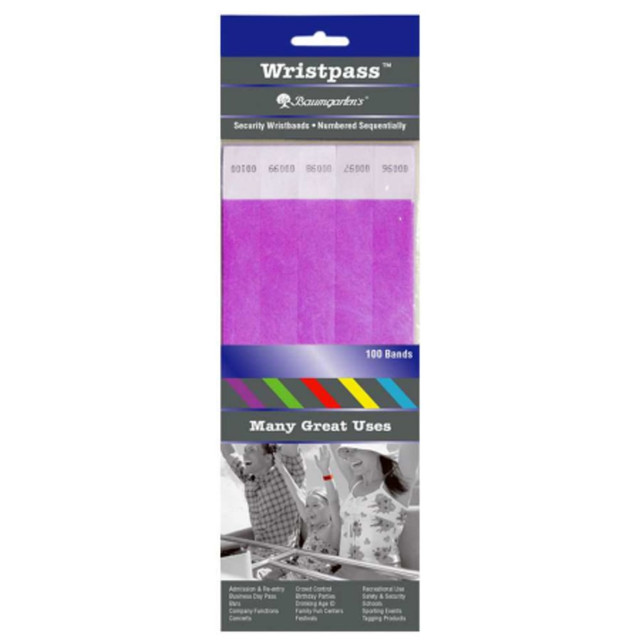 BAUMGARTENS 85014 Sicurix Standard Dupont Tyvek Security Wristbands, 10in x 13/16in, Purple, Pack Of 100 BAUMGARTENS 85014 Sicurix Standard Dupont Tyvek Security Wristbands, 10in x 13/16in, Purple, Pack Of 100