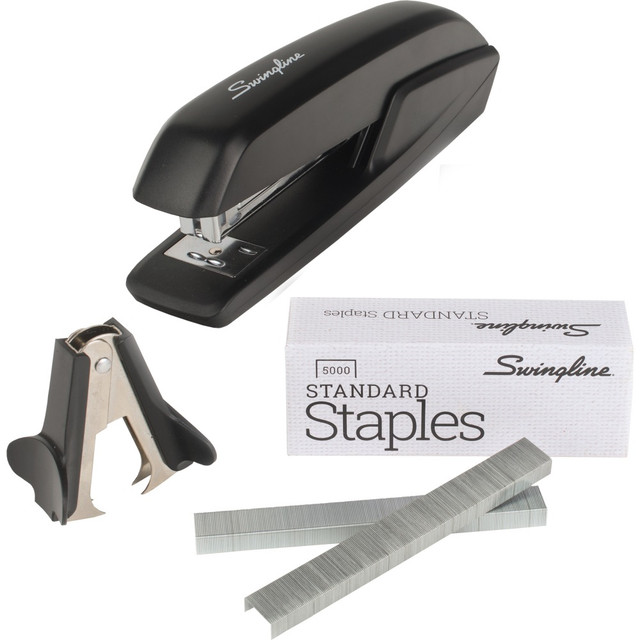 Prepare presentations, reports and projects quickly with this Swingline stapler. This helpful kit comes with a staple remover and plenty of staples, so you will be prepared when projects come your way.  Great for everyday office or at-home stapling needs.  Heavy-duty material provides lasting strength. Antimicrobial design keeps away germs and maintains a sleek appearance.  Accepts a full strip of 1/4in staples.  Staples up to 25 sheets of 20-lb paper at once, so you can quickly complete projects.  Backed by the manufacturers 1-year limited warranty.  Includes a black standard stapler, a standard staples value pack with 1,250 staples and a staple remover.  Flexibility is key for remote learning and when working from home.