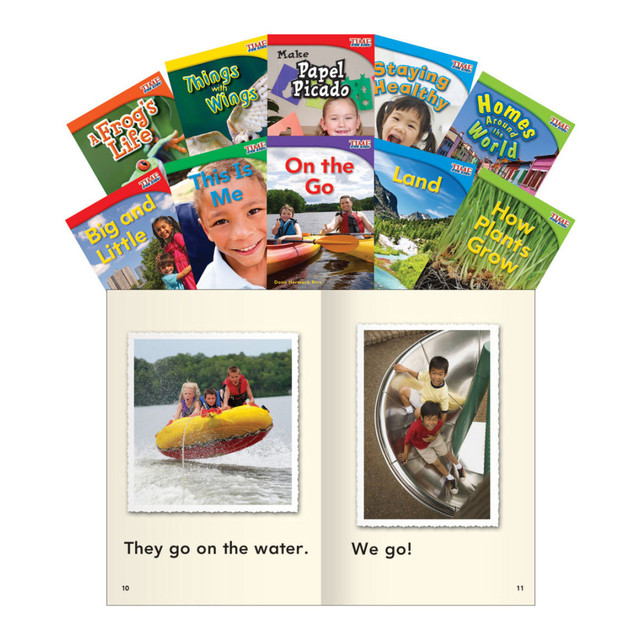 Build your classrooms library and add supplemental reading material to your curriculum with this book set. Kids will love the high-interest subject materials, which include concepts and themes ranging from math and science to social studies.  Each set includes a wide range of topics that provide kids with interesting material while building their reading skills.  Colorful images grab attention and help draw students in.  Designed to meet Common Core standards.  Designed for students in first grade.  Set of 10 books provides your classroom library with an instant boost. Titles include Big and Little, This Is Me, On the Go, Land, How Plants Grow, A Frogs Life, Things with Wings, Make Papel Picado, Staying Healthy and Homes Around the World.