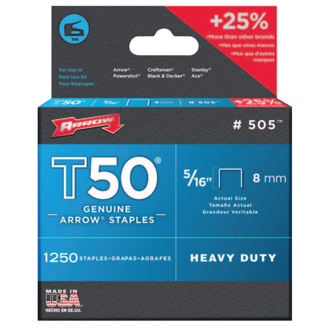 ARROW FASTENER CO., INC. 50524 Arrow 50524 T50 Staples, 5/16inL x 3/8inW, Silver, Box Of 1,250 Staples ARROW FASTENER CO., INC. 50524 Arrow 50524 T50 Staples, 5/16inL x 3/8inW, Silver, Box Of 1,250 Staples