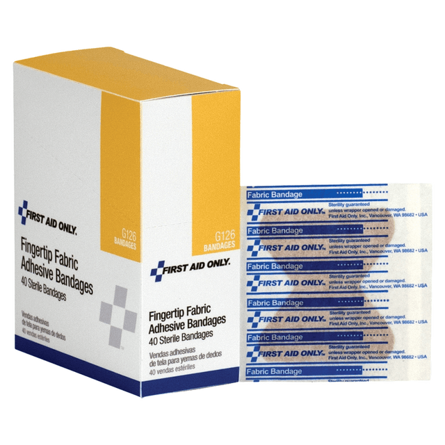 FIRST AID ONLY, INC. G126 First Aid Only Fingertip Fabric Adhesive Bandages, 2 1/2in x 3 1/4in, Tan, Box Of 40