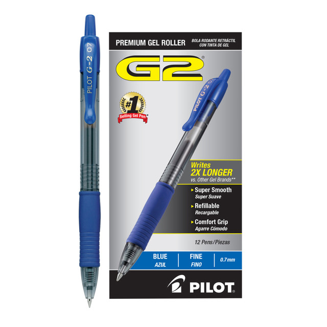PILOT CORPORATION OF AMERICA 31021 Pilot G2 Retractable Gel Pens, Fine Point, 0.7 mm, Clear Barrels, Blue Ink, Pack Of 12 Pens
