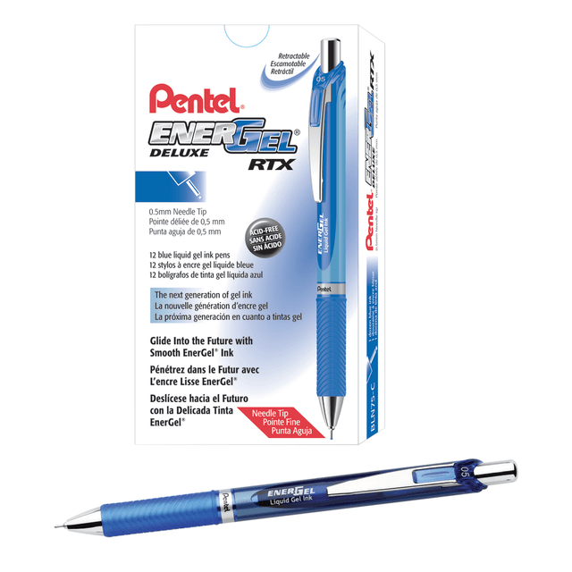 PENTEL OF AMERICA, LTD. BLN75-C Pentel EnerGel RTX Retractable Liquid Gel Pens, Fine Point, 0.5 mm, 54% Recycled, Blue, Pack Of 12 Pens PENTEL OF AMERICA, LTD. BLN75-C Pentel EnerGel RTX Retractable Liquid Gel Pens, Fine Point, 0.5 mm, 54% Recycled, Blue, Pack Of 12 Pens