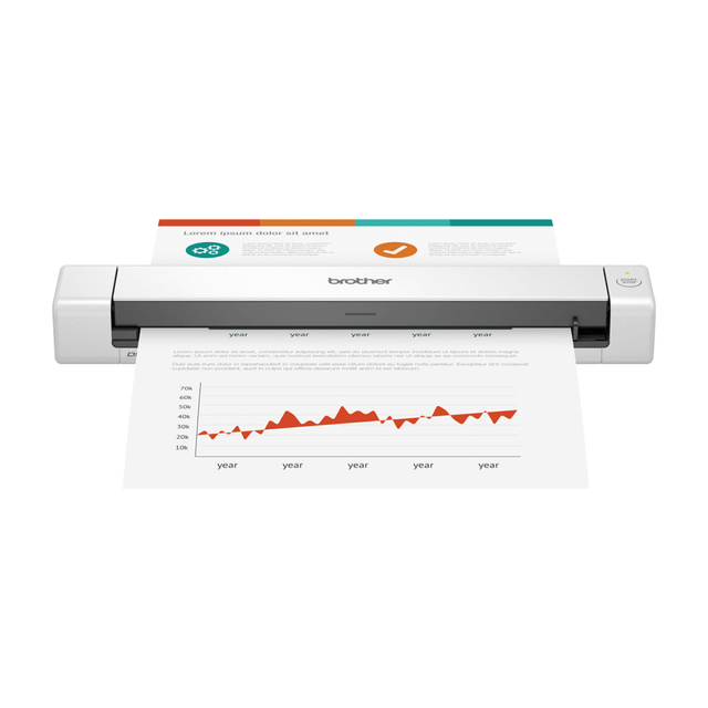 Scan documents, receipts or identification cards with this Brother DSmobile DS-640 Portable Document Scanner. Easy to take with you on the go, this scanner has a micro USB 3.0 interface for reliable power and boasts quick scan speeds. You can even send your scans to multiple destinations to suit your needs.  Up to 600 x 600 dpi optical and up to 1200 x 1200 dpi interpolated resolution for crisp text and images.  Features 48-bit int./24-bit ext. color depth.  Accepts document sizes from 2in x 3.4in to 8.5in x 72in.  Also accepts plastic cards measuring 2.2in x 2.2in and 3.4in x 3.4in.  Color/monochrome speeds reach up to 16 ppm, so you can efficiently move through your workflow.  Scans to file, image, OCR, e-mail and cloud services.  Handles up to 100 scans per day (A4/letter size).  Compact size fits comfortably in a bag or briefcase, so you can take the scanner with you on the go.  Micro USB 3.0 interface provides reliable power.  Comes with OCR, BR-Receipts, Brother iPrint & Scan and Kofax Power PDF Standard V3 software. Also includes Presto! BizCard 6, Nuance PaperPort 14 SE and iPS software for PC and iPS and Presto! BizCard 7 for Mac.  Backed by the manufacturers 1-year limited warranty.  Energy efficient - designed to use less energy than alternative products, potentially helping you save money and reduce your carbon footprint.