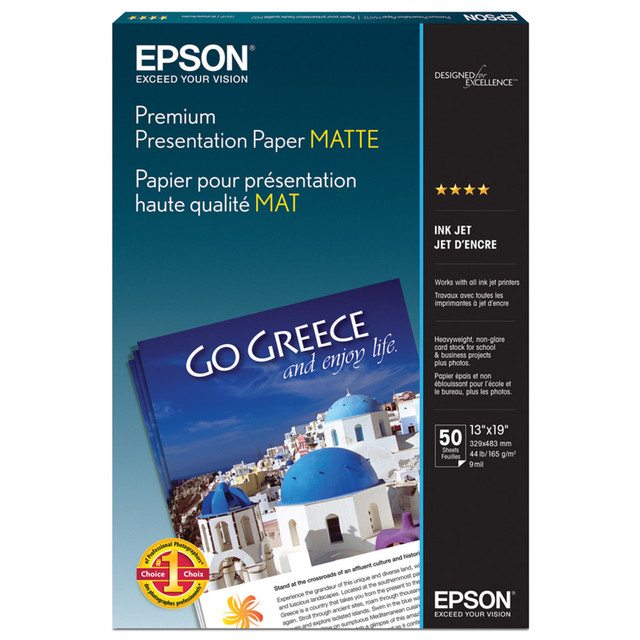 EPSON AMERICA INC. Epson S041263  Premium Presentation Paper, White, 13in x 19in, 50 Sheets Per Pack, 44 Lb, 97 Brightness