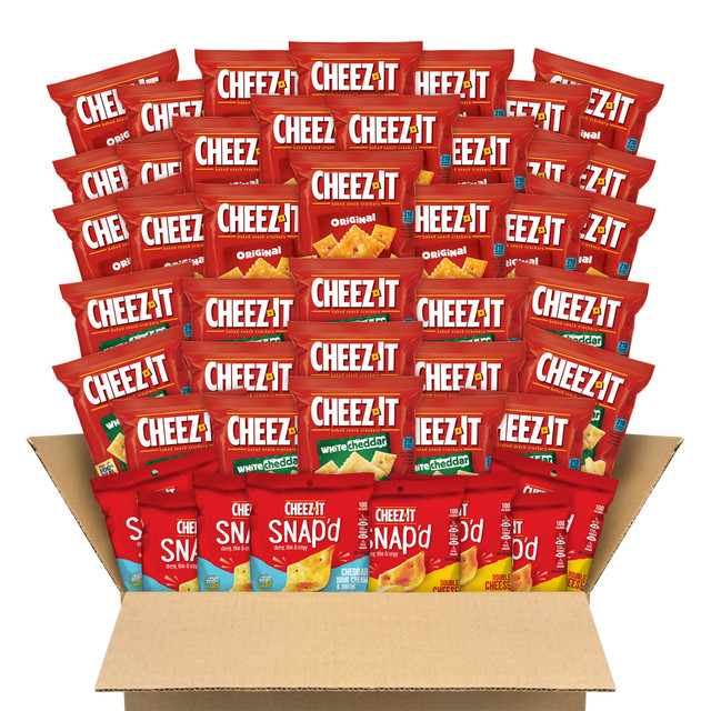 Enjoy the irresistible flavor of real cheese with a bag from the Cheez-It Snack Cracker Variety Pack. Single-serve bags are a great addition to your lunch.  Includes White Cheddar, Cheddar Sour Cream & Onion, Double Cheese and Original flavors.  Certified Kosher.  Individual bags are great for snacking on the go.  Bags are 1.5 oz and 0.75 oz.