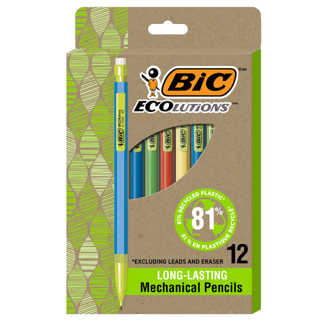 Help write our planet's future with the long-lasting BIC Ecolutions Mechanical Pencils. It's the perfect BIC pencil for everyday writing in journals, notebooks, notepads or for other creative tasks, like doodling. Coming with three 90 mm long lead pencil graphite refills that never need sharpening, this pencil offers hours of effortless writing. Each piece of pencil lead creates smooth dark strokes that are always the same width with its 0.7 mm point so you can shade your doodles evenly with this drawing pencil. A built-in pencil eraser is convenient when you need to make touch-ups - or when you must start over.  0.7 mm lead for long-lasting, smooth writing.  Includes three #2 leads per pencil at 90 mm long.  Click to drop more lead.  Built-in eraser for correcting mistakes.  Clip can attach the pencil to pockets and notebooks.  Refillable for continued use.  Refillable - designed to be used repeatedly, helping you avoid single-use disposables and potentially save money.  Contains Recycled Content - See Specs for Details.