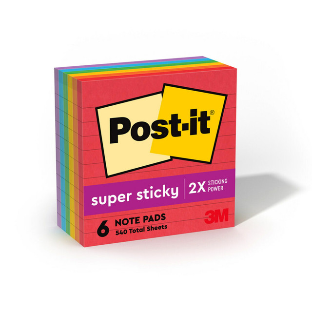 3M CO Post-it 675-6SSAN  Super Sticky Notes, 4 in x 4 in, 6 Pads, 90 Sheets/Pad, 2x the Sticking Power, Playful Primaries Colors, Lined