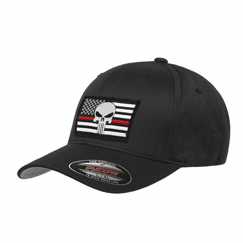 Thin Blue Line FLEX-SKULL-RED-BLACK-MEDIUM FlexFit Hat - Skull Thin Red Line Flag