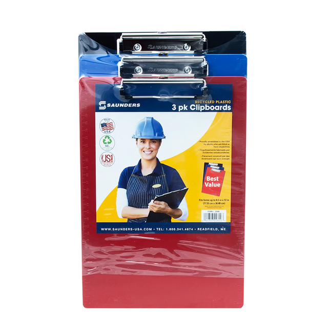 Saunders 22601 Recycled Plastic Clipboards - Letter/A4 Size - 3 Pack Assorted Colors