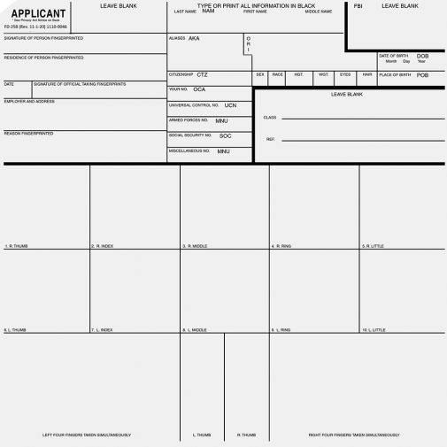 Sirchie FD258 Applicant Record Cards 8x8 - Set of 100