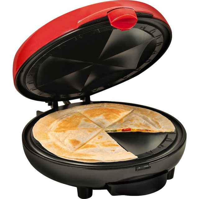 NOSTALGIA PRODUCTS GROUP LLC Taco Tuesday TCTEQM8RD  6-Wedge Electric Quesadilla Maker With Extra Stuffing Latch, 5in x 9-1/2in x 11in, Red