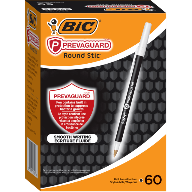 BIC CORP GSAM60-BLK BIC Prevaguard Round Stic Pens With Antimicrobial Additive, Medium Point, 1.0 mm, Black Barrel, Black Ink, Pack Of 60 Pens BIC CORP GSAM60-BLK BIC Prevaguard Round Stic Pens With Antimicrobial Additive, Medium Point, 1.0 mm, Black Barrel, Black Ink, Pack Of 60 Pens