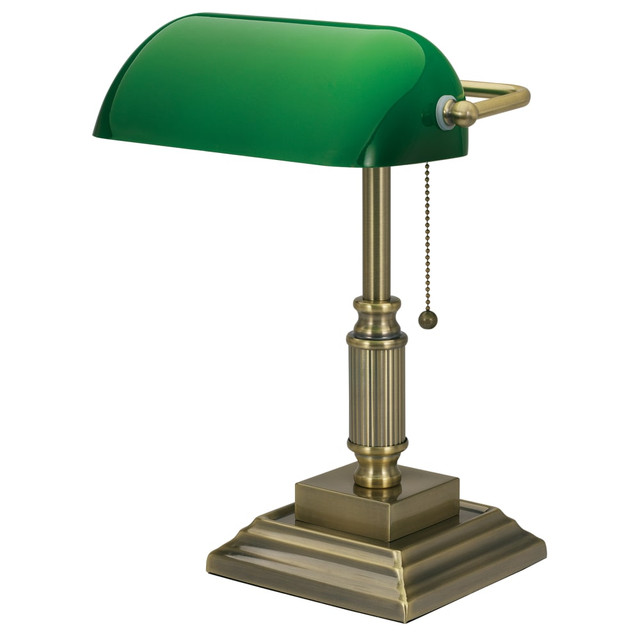 Illuminate your workspace in classic style with this Realspace traditional bankers lamp. The 800 lumen, 10-watt LED bulb delivers energy-efficient lighting, and the pull-chain mechanism lets you turn it on and off easily. This Realspace traditional bankers lamp features a 5-foot cord for positioning flexibility, and the steel base construction in an antique brass finish offers longevity and a vintage-style look to lend upscale appeal to your desk.  Steel base offers sturdy lamp support.  Classic banker-style green shade delivers a traditional look.  Includes one 800 lumen 10-watt LED bulb, rated average life approximately 25,000 hours of use.  Decorative pull-chain on-off switch.  Eco-conscious choice - has one or more meaningful eco-attributes or eco-labels.  Green rating based on energy efficient light bulb.  Assembly required.  ENERGY STAR certified - meets federal guidelines for energy efficiency.  Energy efficient - designed to use less energy than alternative products, potentially helping you save money and reduce your carbon footprint.