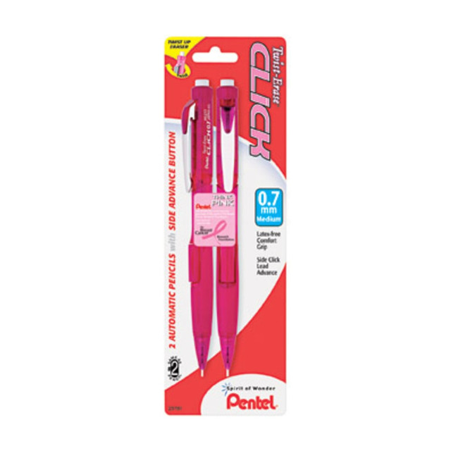 PENTEL OF AMERICA, LTD. PD277TBP2PBC Pentel Twist-Erase Pink Click Mechanical Pencils, #2 Lead, 0.7 mm, Refillable, Pink Barrel, Pack Of 2