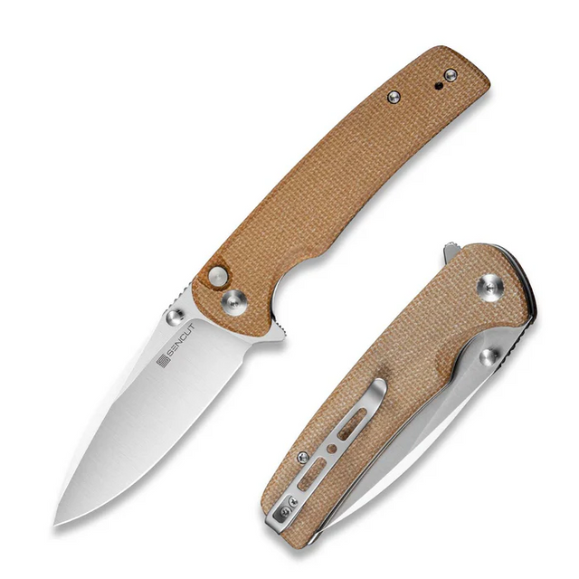 SENCUT S21007-3 Sachse Flipper/Thumb Stud Folding Knife 3.47"" Satin 9Cr18MoV Drop Point Plain Edge Blade, Brown Micarta Handle SENCUT S21007-3 Sachse Flipper/Thumb Stud Folding Knife 3.47"" Satin 9Cr18MoV Drop Point Plain Edge Blade, Brown Micarta Handle