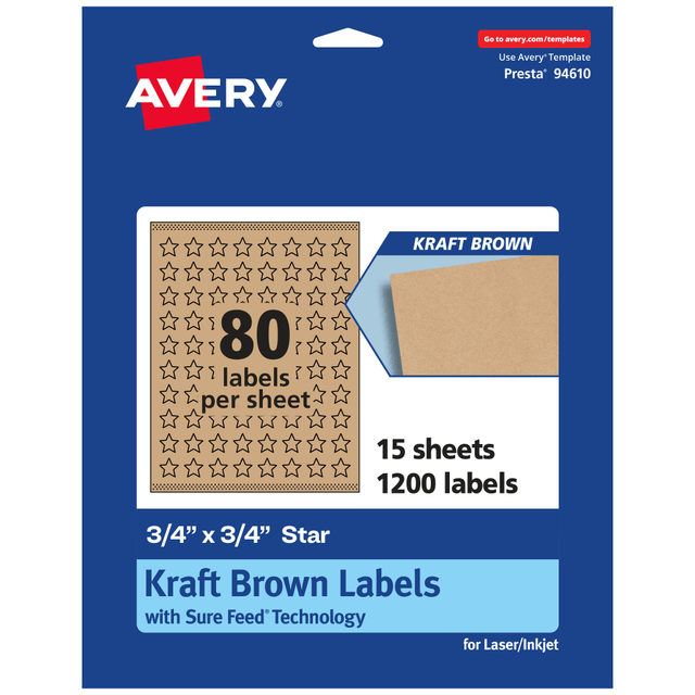 AVERY PRODUCTS CORPORATION 94610-KMP15 Avery Kraft Permanent Labels With Sure Feed, 94610-KMP15, Star, 3/4in x 3/4in, Brown, Pack Of 1,200
