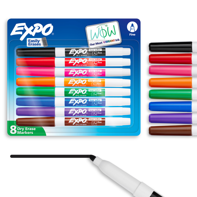 Create crisp, legible notes on your whiteboard without unpleasant odors in your classroom or conference room. EXPO dry-erase markers help make your presentation a pleasant experience for all.  Dry erase markers with the most vibrant ink yet from EXPO  Vibrant ink makes it easier to read information from a distance  Made for the whiteboard and beyond, writing pops on most non-porous surfaces like glass, acrylic, and more!  Easily and cleanly erases with an EXPO eraser or dry cloth  Fine tip markers perfect for accurate, detailed lines  ACMI Certified AP Nontoxic. For detailed information see www.acmiart.org.  Less harsh chemicals - made with fewer harsh chemicals, or safer chemicals than typical alternatives, helping  reduce your use of and exposure to substances that may be more harmful to your health and the environment.