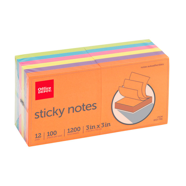 OFFICE DEPOT 21332-DEEP  Brand Sticky Notes, 3in x 3in, Assorted Vivid Colors, 100 Sheets Per Pad, Pack Of 12 Pads