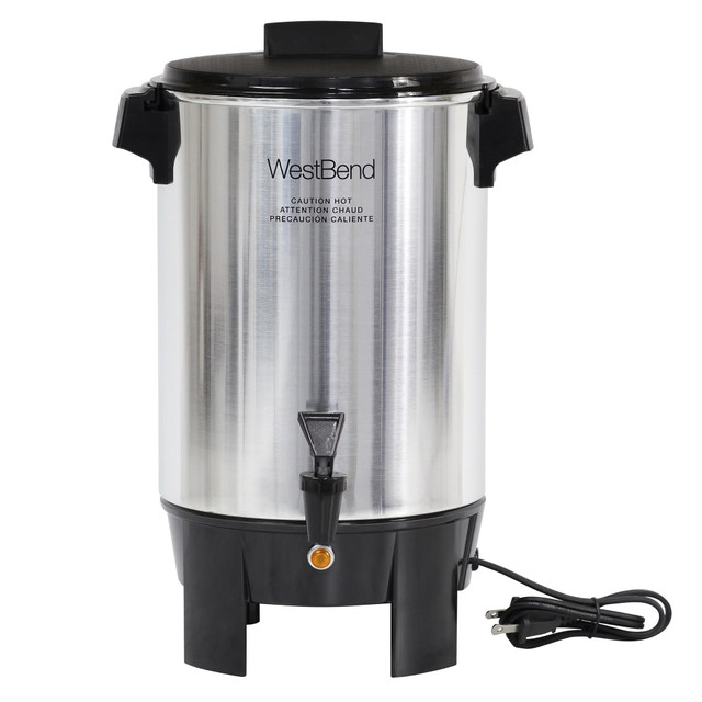 Start your morning off right with the West Bend 30-Cup Polished Coffee Urn. This office coffee maker brews 1 cup per minute to satisfy the whole office.  Made from durable polished aluminum.  West Bend coffee urn wth automatic temperature control.  Brews 1 cup per minute.  Twist-to-secure cover to help prevent accidental spillage.  2-way dripless faucet for easy serving.  Interior water level markings for easy filling.  Heat-resistant handles, base and lid allow safe serving.  Cool-tip filter basket.  Backed by the manufacturers 1-year limited warranty.