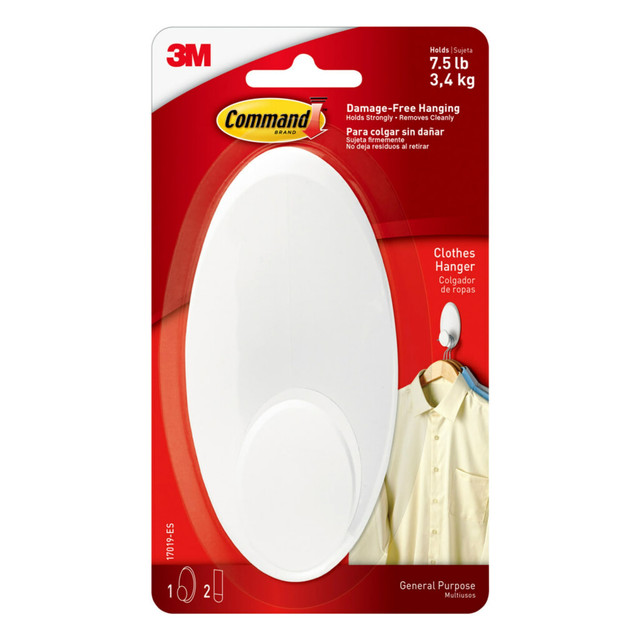 3M CO 17019-ES Command Large Clothes Hanger, 1 Hook, 2 White Adhesive Strips, Damage Free Hanging Picture Hangers, No Tools Wall Hanging Strips For Living Spaces