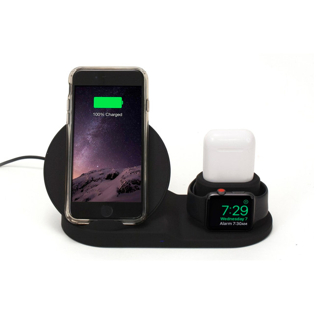 If you need to ensure your Apple AirPods, Watch and iPhone stay charged, use this 3-in-1 accessory. The M-Edge Charger is designed with a Qi-compatible pad for built-in wireless charging.  Compatible with Apple devices using a lightning cable.  10W charging adds juice in a hurry.  Features a Qi-enabled pad and more to charge 3 devices simultaneously.  Built-in timer function turns the light off automatically after 1 or 2 hours.  Sleek black design goes great in your home or office.