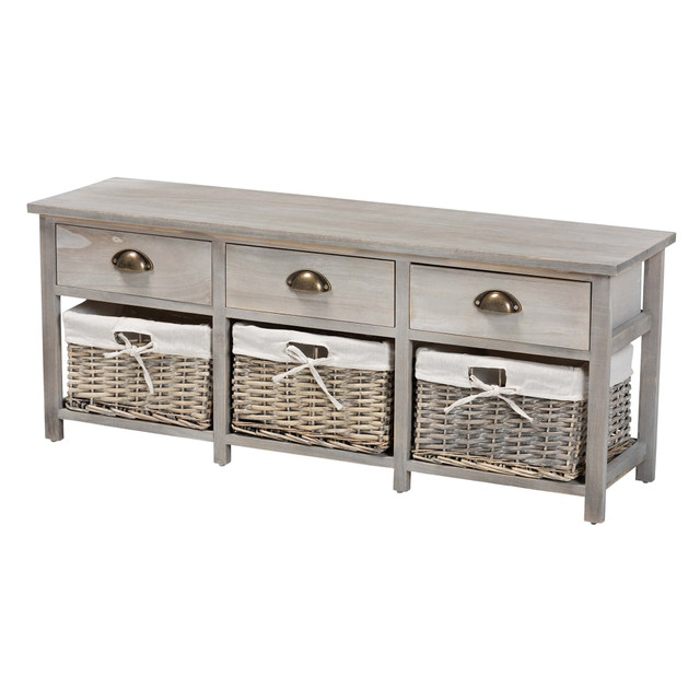 WHOLESALE INTERIORS, INC. Baxton Studio 2721-12239  Mabyn Wood 3-Drawer Storage Bench With Baskets, 16-1/2inH x 42-1/16inW x 11-3/8inD, Natural Brown/Light Gray