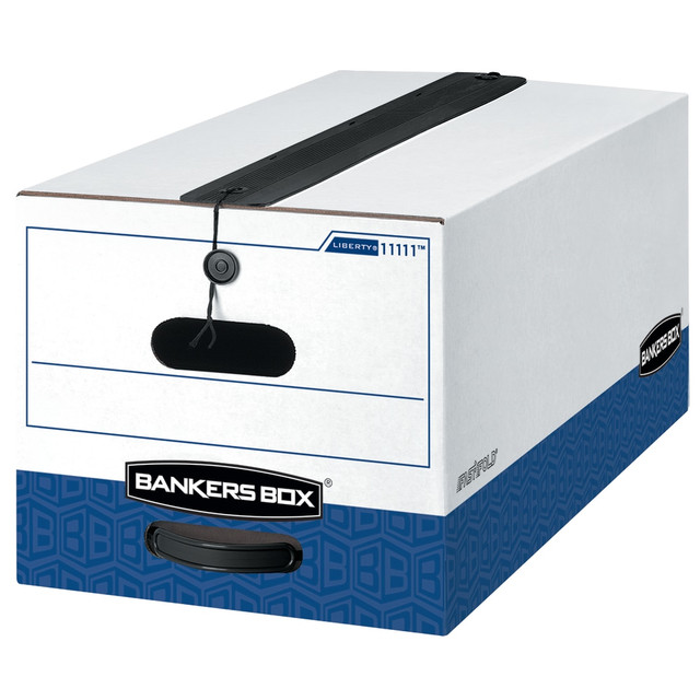 FELLOWES INC. 1111104 Bankers Box Liberty Plus Heavy-Duty Storage Boxes With String & Button Closures And Built-In Handles, Letter Size, 24in x 12in x 10in, 60% Recycled, White/Blue, Case Of 12 FELLOWES INC. 1111104 Bankers Box Liberty Plus Heavy-Duty Storage Boxes With String & Button Closures And Built-In Handles, Letter Size, 24in x 12in x 10in, 60% Recycled, White/Blue, Case Of 12