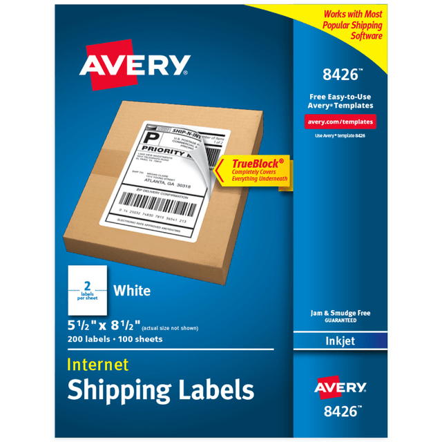 AVERY PRODUCTS CORPORATION 08426 Avery Printable Blank Shipping Labels, 8426, Rectangle, 5-1/2in x 8-1/2in, White, Pack Of 200 Labels