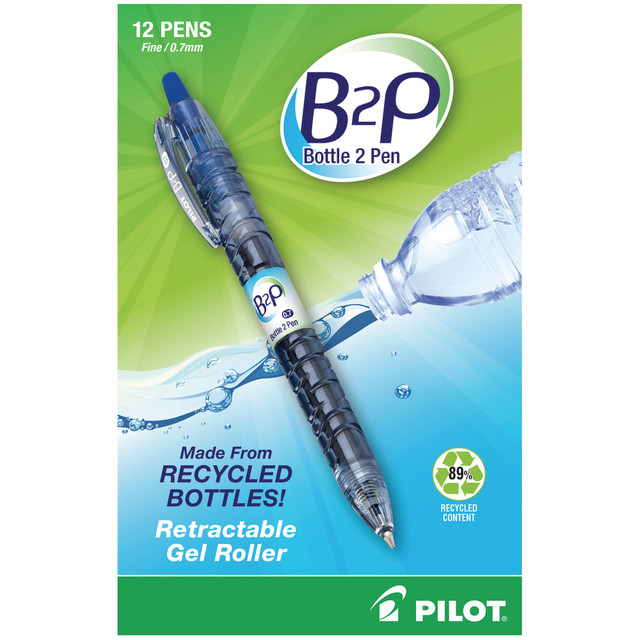 PILOT CORPORATION OF AMERICA 33601 Pilot "Bottle to Pen" B2P Retractable Gel Pens, Fine Point, 0.7 mm, 89% Recycled, Translucent Barrel, Blue Ink, Pack Of 12