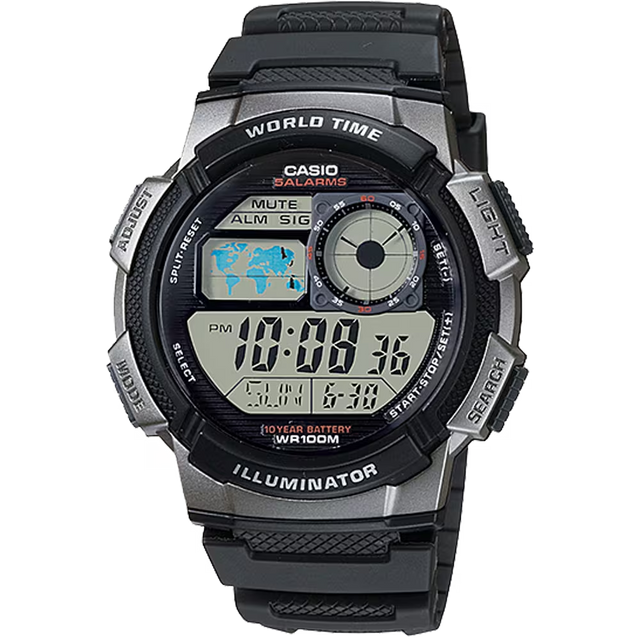Casio AE1000W-1BVCF Classic World Time Digital Watch w/ 100 Meter Water-Resistance